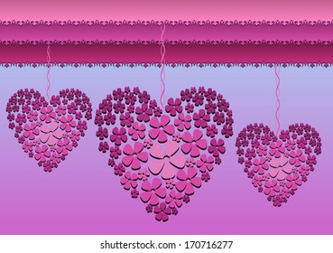 Card with floral hanged hearts. Decorative composition with pink floral hearts, hanging in lace-like decoration. Vector elements are grouped. A bit of linear gradients.