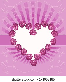 Card with floral heart. Decorative composition with pink roses on heart shape.