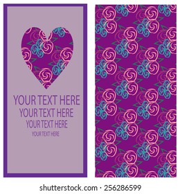 Card with floral heart and seamless pattern