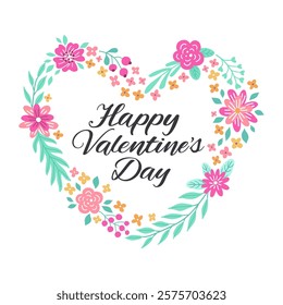 Сelebration card with floral heart wreath. Happy Valentine's Day phrase. Pink, yellow and orange flower garland. EPS vector illustration isolated on the white background