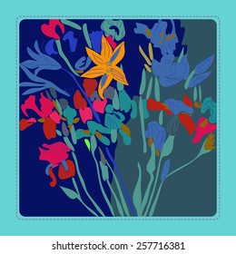 Card with floral motif, bouquet of lilies and irises on a  dark blue    background. Hand drawn.
