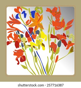 Card with floral motif, bouquet of lilies and irises on a  gradient gray    background. Hand drawn.