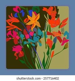 Card with floral motif, bouquet of lilies and irises on an  yellow  background. Hand drawn.