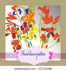 Card with floral motif, bouquet of lilies and irises, label on a  gradient gray    background. Hand drawn.