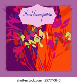 Card with floral motif, bouquet of lilies and irises, label on a dark pink     background. Hand drawn.