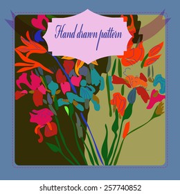 Card with floral motif, bouquet of lilies and irises, label on an yellow background. Hand drawn.