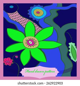 Card with floral motif, branches, ellipses, spirals, flowers, label. Hand drawn.