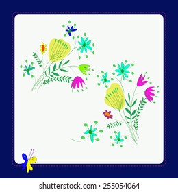 Card with floral motif, frame, butterfly on a  white   background. Hand drawn.