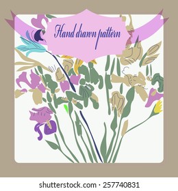 Card with floral motif,pale bouquet of lilies and irises, label on a white     background. Hand drawn.