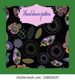 Card with floral ornament, birds, branches, label on a  black     background. Handmade.