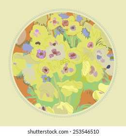 Card with  floral ornament   on a pale orange  circle. Hand drawn.