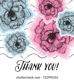  Card with floral ornament and written "Thank you" Cute, bright background with  flowers. All elements are editable (under clipping Mask ).