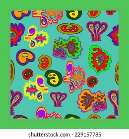 Card with floral  pattern of colored plants, shapes on an azure rounded rectangle.Handmade.