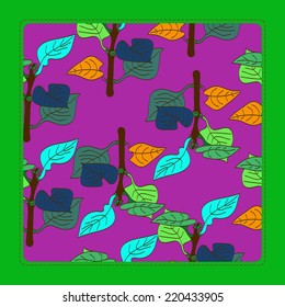 Card with floral  pattern of colored twigs with leaves on a bright pink rounded rectangle. Handmade.