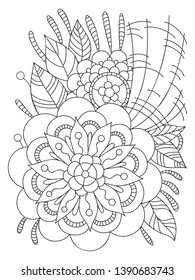 Card with a floral pattern. Coloring Book Page. Decorative Composition with Flowers and Leaves.