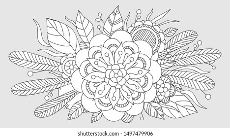 Card with a floral pattern. Coloring Book Page. Decorative Composition with Flowers and Leaves.