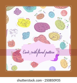 Card with floral pattern, frame, label on a white  background. Hand drawn.