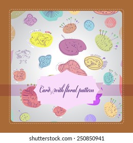 Card with floral pattern, frame, label on a  gradient gray background. Hand drawn.