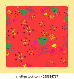 Card with floral   pattern, light yellow   frame    on a    rosy   background. Hand drawn.