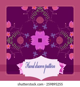 Card of floral pattern on a rounded rectangle, label. Hand drawn.