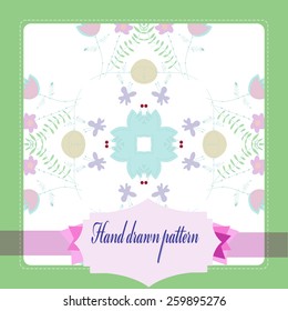 Card of floral pattern on a rounded rectangle, label. Hand drawn.