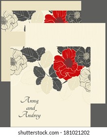 Card with Floral Pattern With Red Flowers On Monochrome Background, Letter design