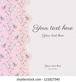 Card with floral patterns in soft colors. Pattern from plants bells. Cartoon spiders and ladybugs. Easy to change colors. Perfect for greetings, invitations or announcements. Place for your text.