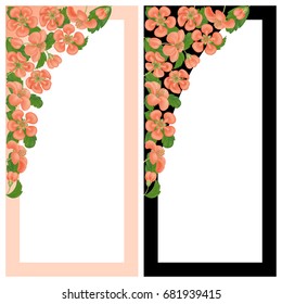 Card with a floral print with place for text. Realistic quince flowers. Two vertical banners for greeting or invitation.