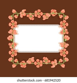 Card with a floral print with place for text. Square frame of quince flowers. Template for greetings or invitations.
