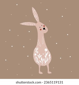 Card Floral rabbit silhouette in linocut style. Cute bunny shape, flower, leaves.Vector illustration of linocut rabbit. Modern boho decorative linocut.