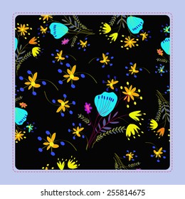 Card with floral seamless pattern,  pale blue frame    on a   black    background. Hand drawn.