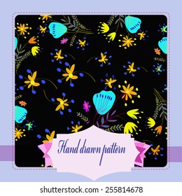 Card with floral seamless pattern, pale blue  frame, label    on a black      background. Hand drawn.