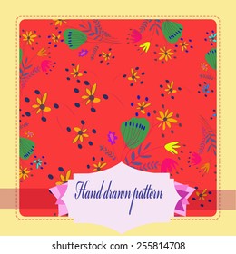 Card with floral seamless pattern, pale yellow  frame, label    on a  rosy     background. Hand drawn.
