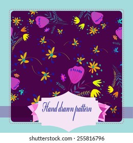 Card with floral seamless pattern,light azure   frame, label    on a  dark pink     background. Hand drawn.