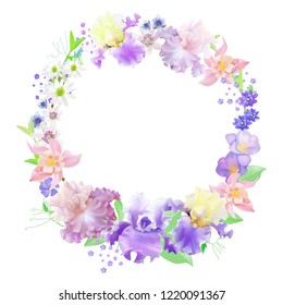 card with flower iris, leaves. Wedding ornament . Floral poster, invite. Vector decorative greeting card or invitation design background