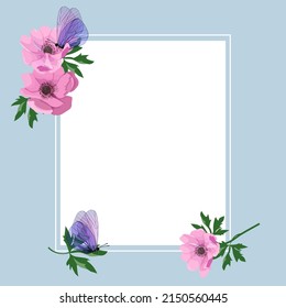 Card with flowers Anemone and butterflies, with place for your text, can be used as greeting card, invitation card for wedding, birthday and other holiday and summer background. Vector illustration.