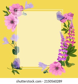 Card with flowers Anemone, lupines and butterflies, can be used as greeting card, invitation card for wedding, birthday and other holiday and summer background. Vector illustrat