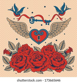 card with flowers, birds and heart