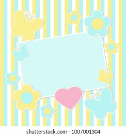 Card with flowers and butterflies in pastel colors with hearts on a striped background.