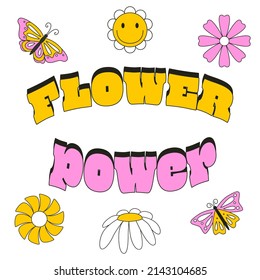 Card with flowers and butterflies in retro doodle style. The typographic phrase Flower power. Color vector illustrations with a stroke isolated on white background