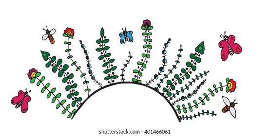 Card with flowers, butterfly and bee with space for text. Doodle flowers, spring, summer, jewelry, wedding. 