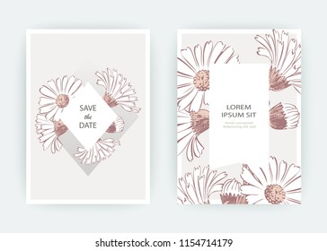 Card flowers Calendula, Chrysanthemum, Chamomile, Daisy, Aster. Wedding ornament minimalist pastel colors. Floral trendy poster, invite. Vector decorative greeting card invitation design background