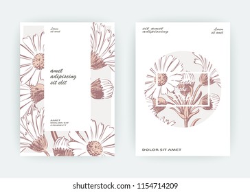 Card flowers Calendula, Chrysanthemum, Chamomile, Daisy, Aster. Wedding ornament minimalist pastel colors. Floral trendy poster, invite. Vector decorative greeting card invitation design background