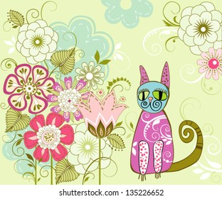 Card with flowers and a cat