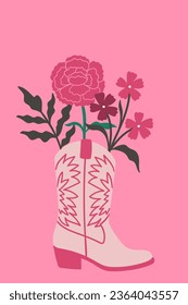 Card with flowers in a cowboy boot. Vector graphics.