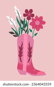 Card with flowers in a cowboy boot. Vector graphics.