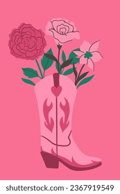 Card with flowers in a cowboy boot. Vector graphics.