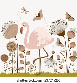 Card with flowers and flamingo, and butterflies