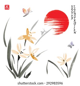 Card with flowers, grasshopper, butterflies and sun in traditional japanese sumi-e style. Vector illustration. Hieroglyph " flower".