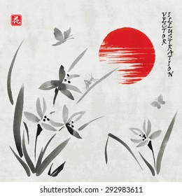 Card with flowers, grasshopper, butterflies and sun in traditional japanese sumi-e style on vintage watercolor background. Vector illustration. Hieroglyph " flower".